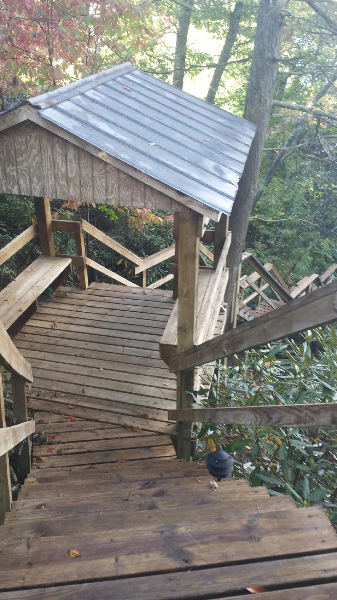 Metal roofed shelter over wooden steps on a wooded walkway — Skylight Repair & Installation work by our crew in Wakita